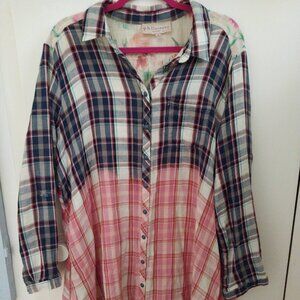 Philosphy  XL Womens Plaid Tunic Floral Embroidered Shirt Dress 100% cotton